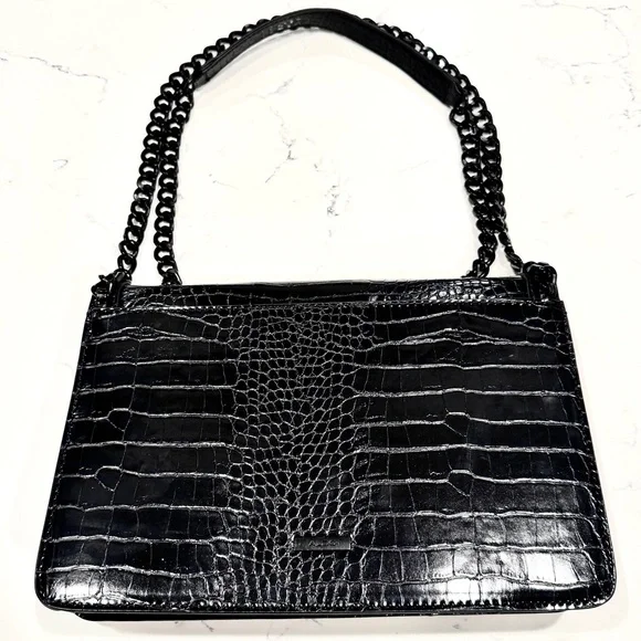 Aldo Black Crocodile Embossed Black Metal Chain Crossbody Bag and Handbag NWOT - Picture 7 of 11
